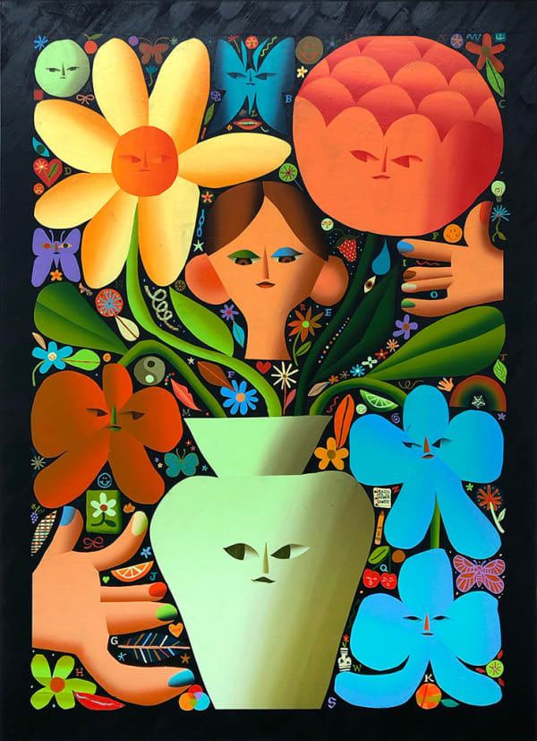 Rachel Hayden painting of bright green vase with flowers, self portrait at center