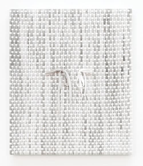 Didi Rojas woven painting with Clean and "dirty" lace weaving w 2 bows in the middle (side by side)