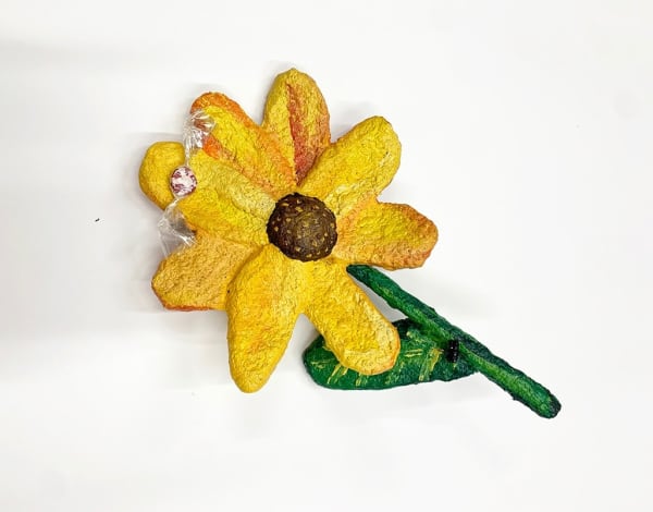 Nic Dyer mixed media sculpture of yellow flower