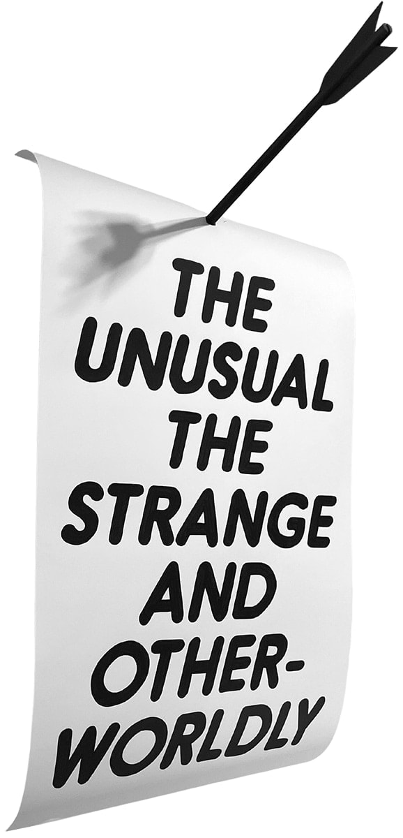 white scroll with all uppercase black text and an arrow going through the paper at the top