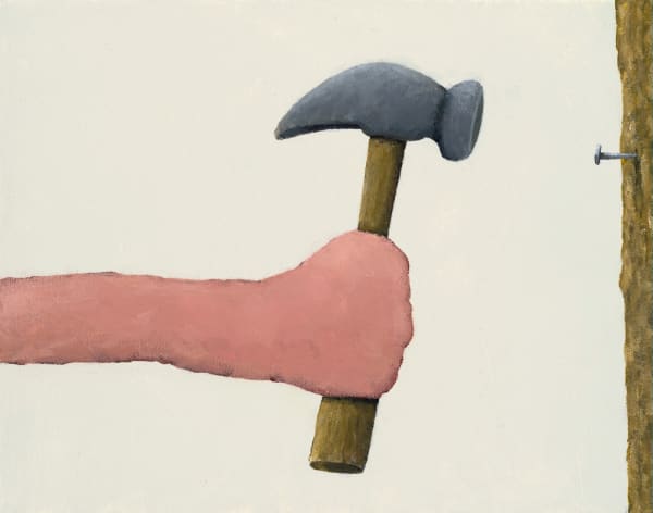 Painting of an arm and hand holding a hammer straight up and a piece of wood and nail across from the hammer