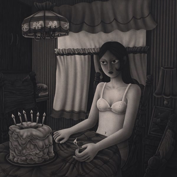 black and white painting of a woman in a bra seated in front of a birthday cake with lit candles. The woman is holding a lit match