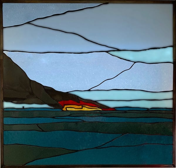 Stained glass of fire in distance