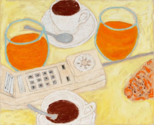 still life of telephone two cups of coffee and two cups of juice