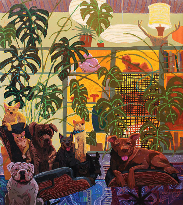 painting of multiple dogs and cats in an interior setting with a large monstera plant behind them by Nicholas Bono Kennedy