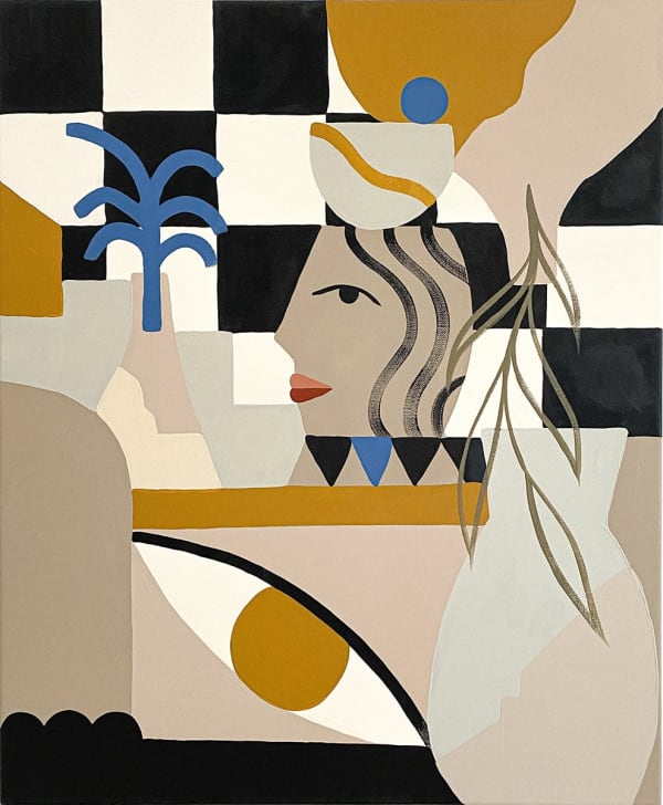 side profile vase and various objects over a black and white checkered background