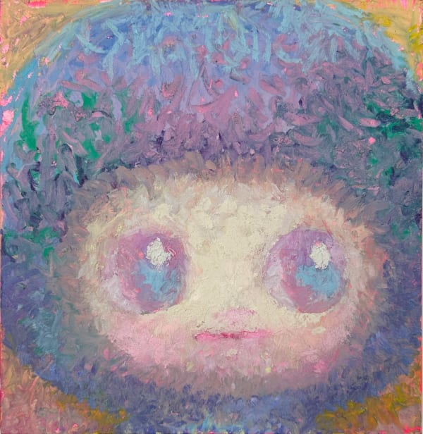 Painting of a face with a blueberry shaped hood on