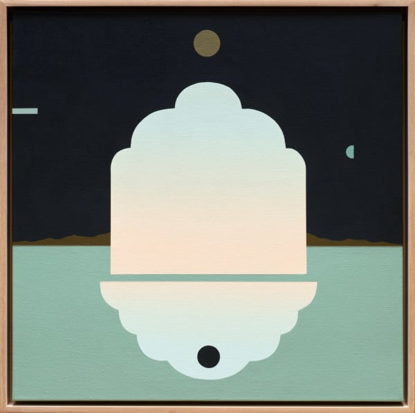 Painting by Madeleine Tonzi with a muted green, blue, and orange palette and a shape in the middle with the top background being black and the bottom green