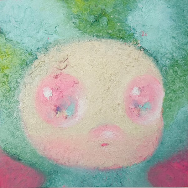 Painting of a figure with large pink eyes and a watermelon hood over its head on a pink background