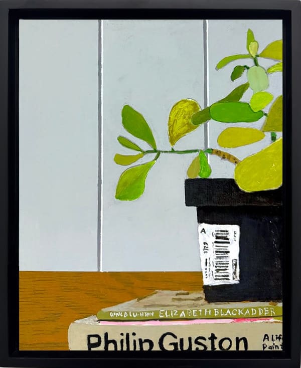 framed cropped painting of a green leafy plant sitting on top of books with a light blue background