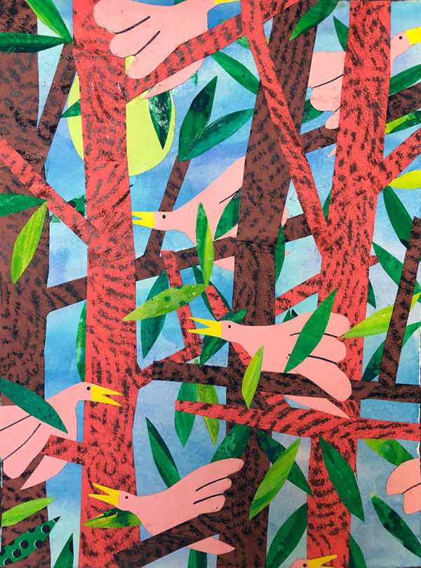 Karen Lederer collage of pink birds and branches