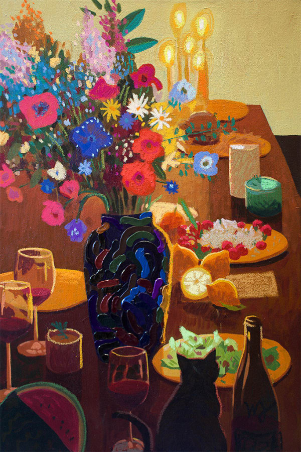 painting of a table full of food, a flower vase, and lit candles by Nicholas Bono Kennedy