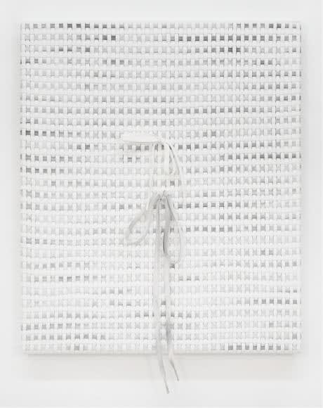 Didi Rojas woven painting of Clean and "dirty" lace weaving w 2 bows in the middle (one above the other)