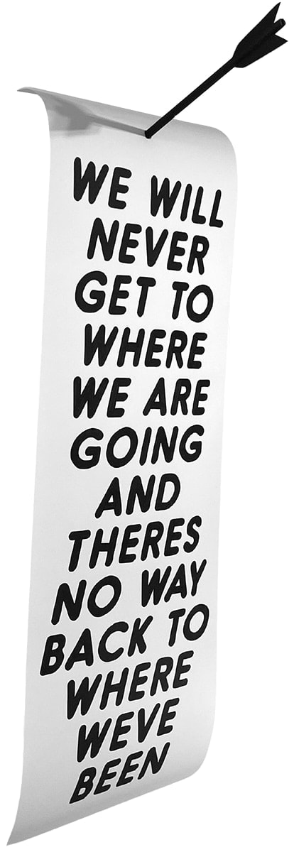 white scroll with all uppercase black text and an arrow going through the paper at the top