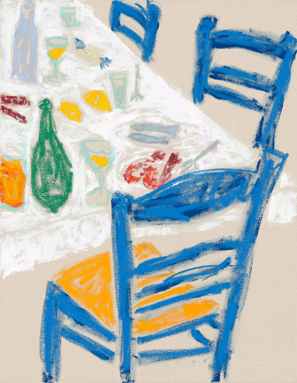 Still life painting of table with three blue chairs surrounding the corner edges. There is a white table clothe on the table with empty glassware, a plate with two red shrimps and another with bits of fishbone.