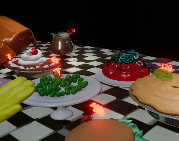 Print of an animated black and white checkered table with food on it