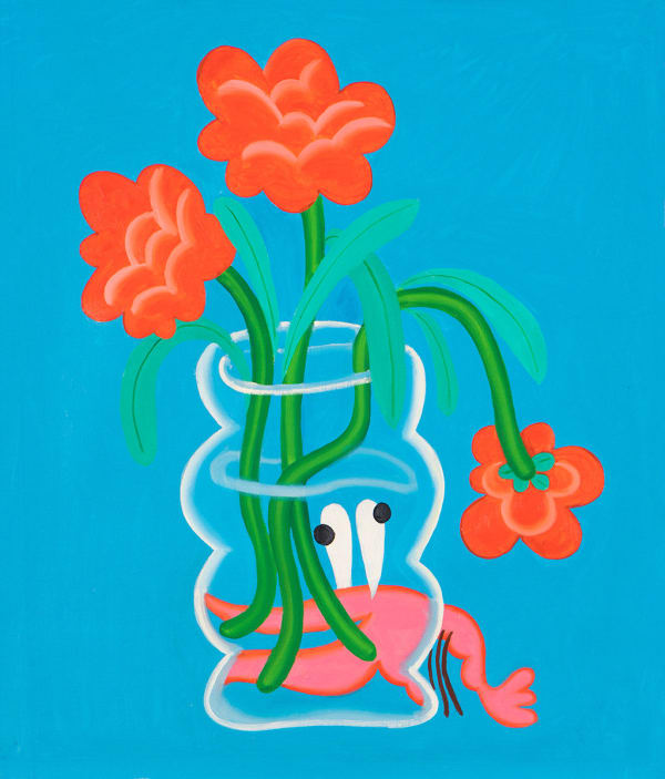 shrimp hiding behind a clear vase with three red flowers