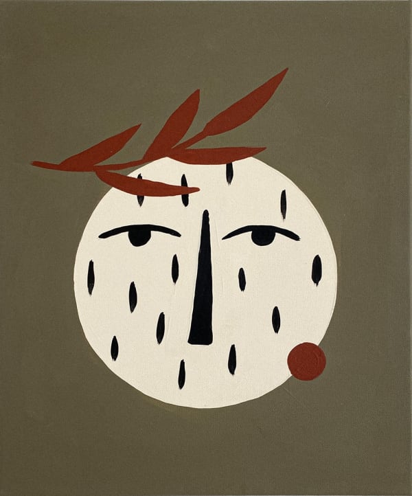 circle face with no mouth with a red branch sitting on the top of the face and a dark beige background