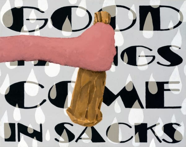 Painting of an arm holding a bottle wrapped in a brown paper bag. In the background are the words "Good Things Come In Sacks" in large black letters on a gray background with white raindrops