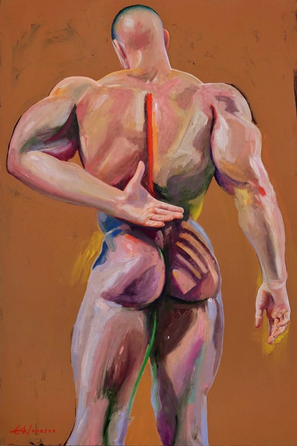 the back of a standing nude man with one arm behind his back