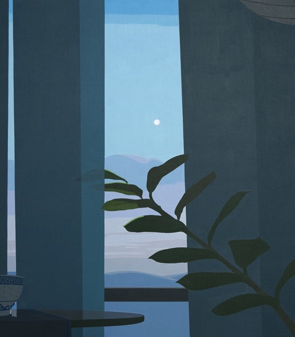painting by artist Adrian Kay Wong depicting a blue-toned still life of a curtained window, a leafy stem, and a soft sky with a tiny moon and grey and purple clouds