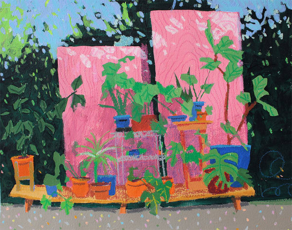 painting of a shelf full of plants in front of a large bush by Nicholas Bono Kennedy