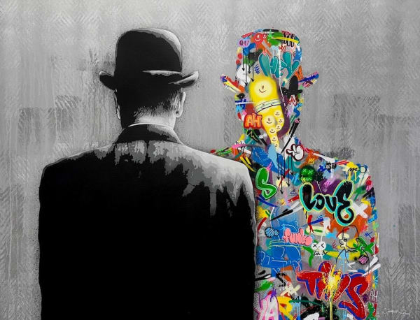 black and white image of the back of a man wearing a bowler hat. A reflection of the man is in front of him made from graffiti