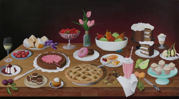 Casey Gray - Spray Painting of a table of baked sweets, fruits, and flowers in front of black background.