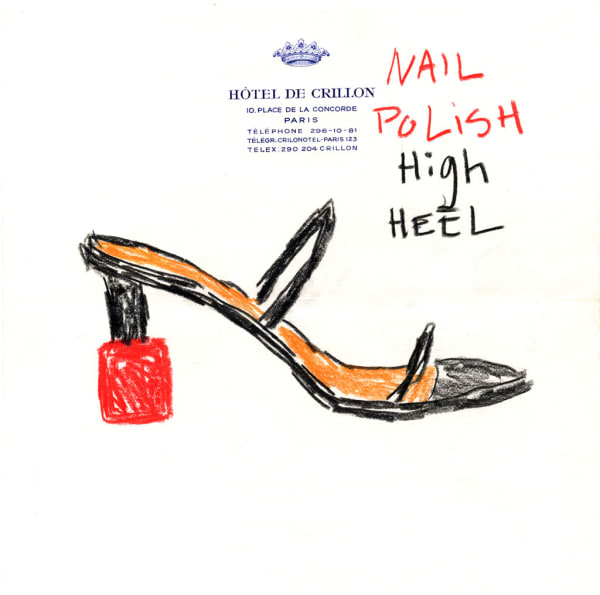 drawing by Michael McGregor of black high heel with red libstick as the heel on Hotel de Crillon stationary