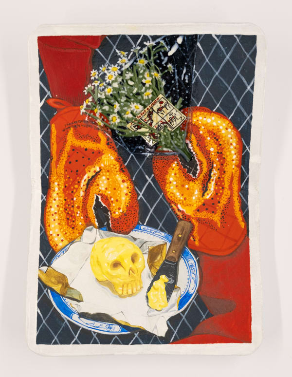 Ceramic sculpture of a black playing card with two arms with lobster claw shaped oven mittens holding a bouquet of chamomile flowers and the other holding a plate of butter that is shaped like a skull and two small knives.