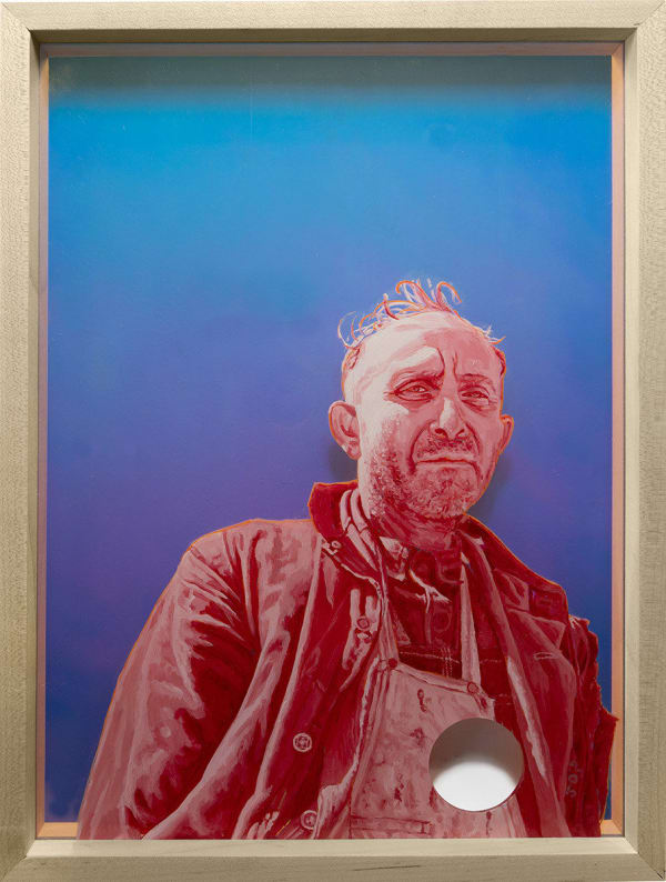 painting of a man in pink over a blue background