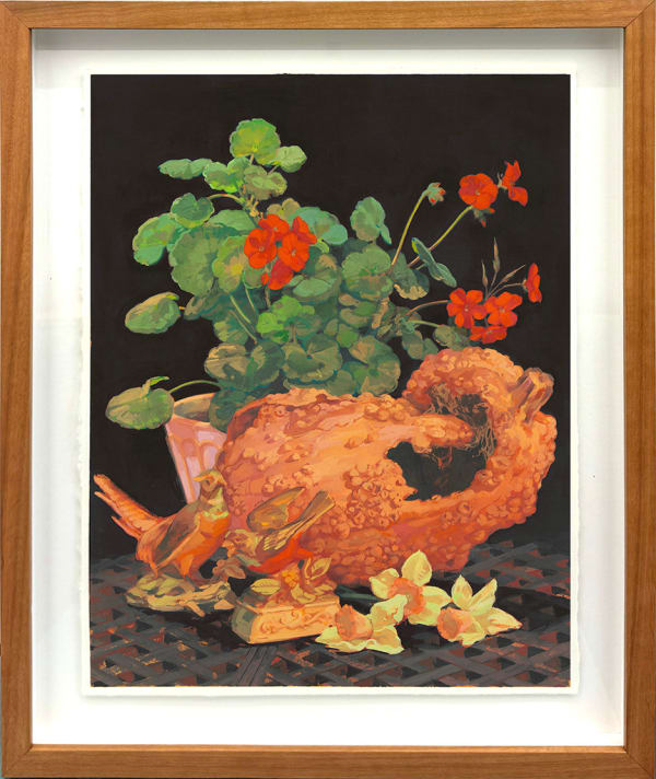 framed still life painting of a gourd with birds and flowers