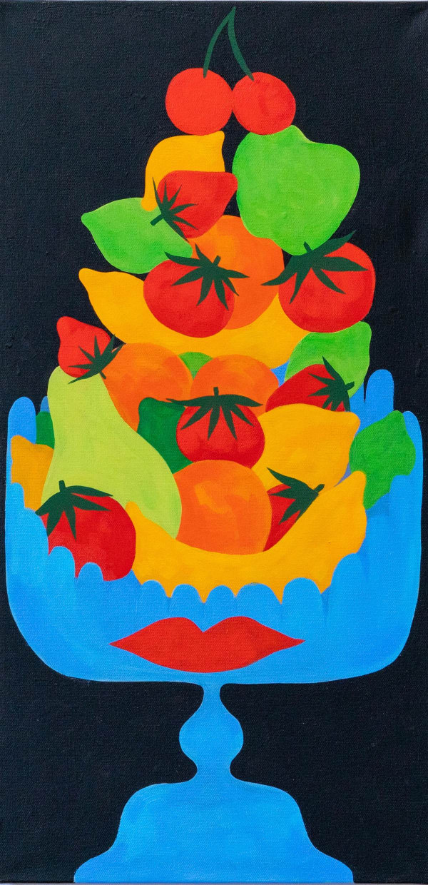 Painting of lemons, apples, pears, strawberries, cherries and bananas stacked on top of each other in a blue bowl with lips on a black background.