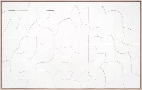 Framed all white wood relief sculptural piece by artist Scott Albrecht