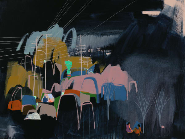 Seonna Hong "The View from the Studio" – abstract landscape with small figures and trees in foreground against dark background