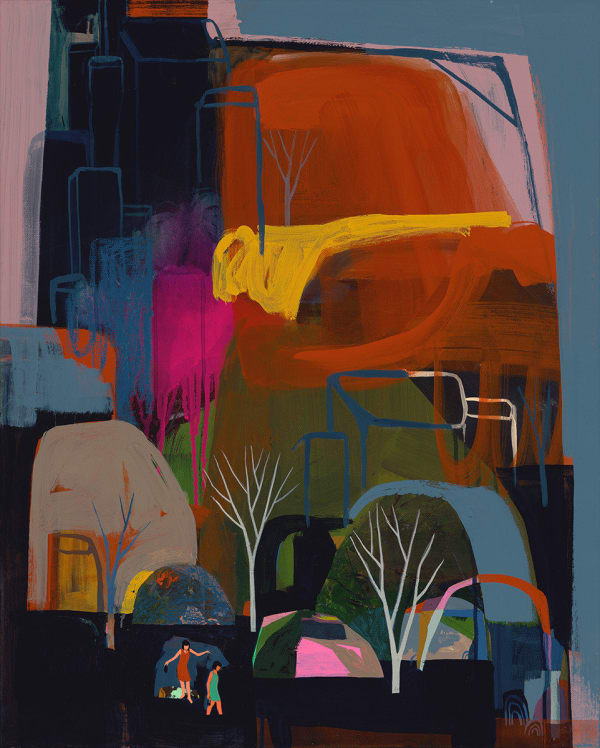 two people at the bottom of a colorful mountain range