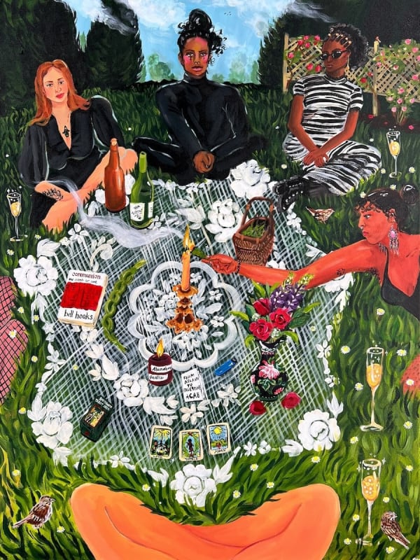 Serena Viola Corson - painting of a six-people picnic with lace blanket, candles, tarot card, books and wine.
