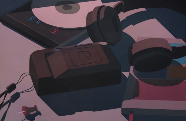 Still life painting of a table with a small film camera, a book, a cd on top of its case, headphones and a thumbtack.