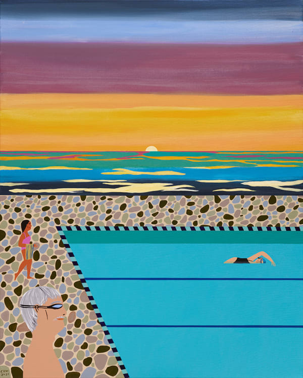 Chelsea Wong painting of people swimming laps during sunset