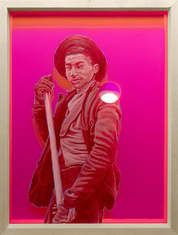 boy in work clothes and shovel painted in pink