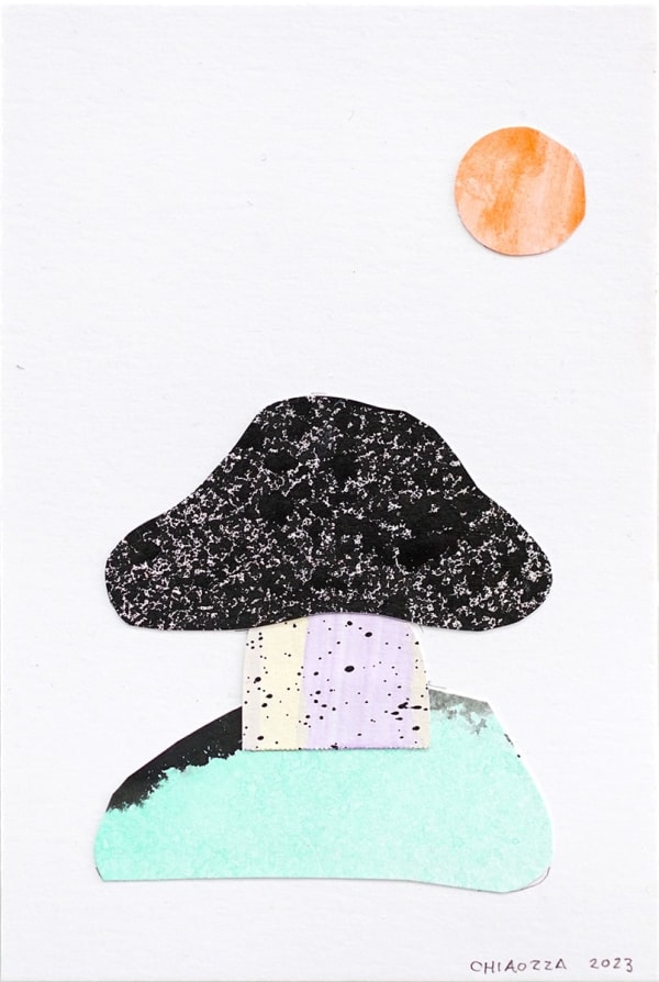 CHIAOZZA - paper collage of black with white spots mushroom on light cyan hill under an orange sun