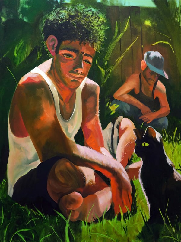 painting of two men squatting and sitting in a yard with a black cat by Jean-Paul Mallozzi