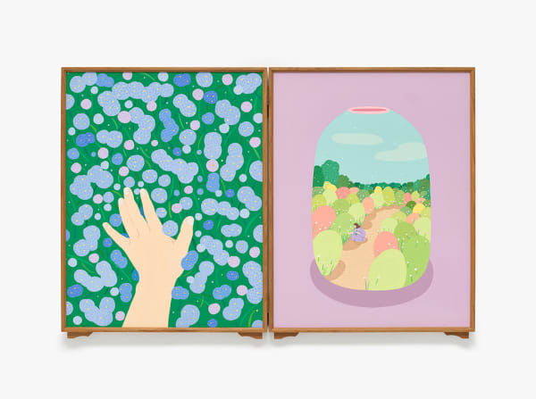 two part piece on a hinge, on the right a painting of a vase with a scene on it, and on the left a hand in a field of circles