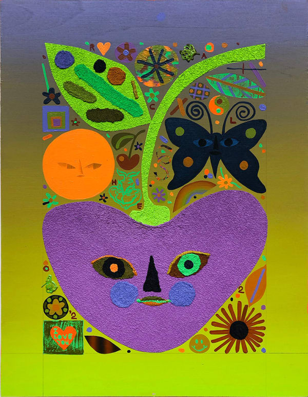 Rachel Hayden painting of purple cherry with butterflies, leaves and characters in background