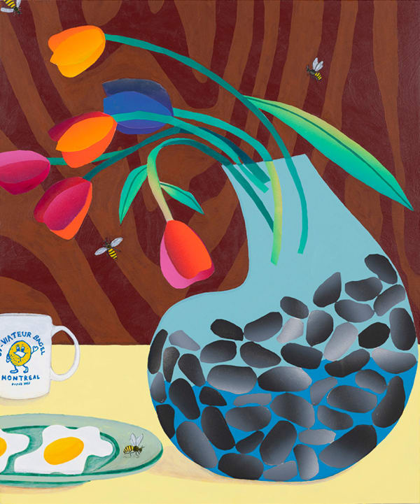 Karen Lederer painting of glass vase with tulips, a coffee mug and plate with eggs