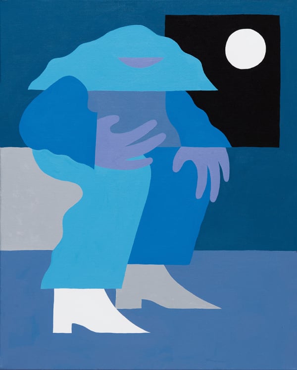 a painting of blue hues depicting a seated figure, her hand to her heart seated on a grey-blue bed, the night sky in her window, a white moon in the corner.