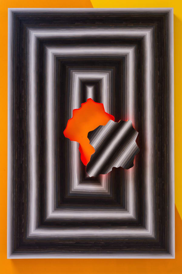 Andrew Schoultz - geometric black and white painting with neon organic shaped hole in center