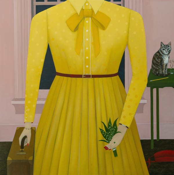 painting of a womans torso wearing a bight yellow bleated dress and holding a plant and a suitcase with a light pink room and cat behind her