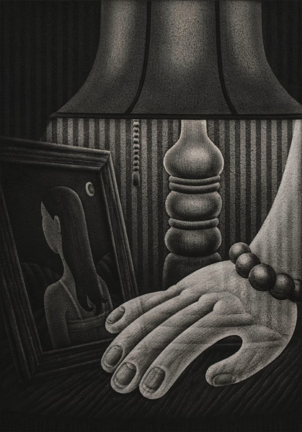 Painting in grey scale of a ghost hand resting on a table next to a lamp and a portrait