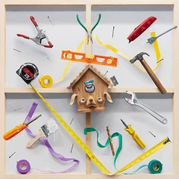 painting of a birdhouse with a dog face nailed to the back of a stretched canvas with various tolls floating around it in midair